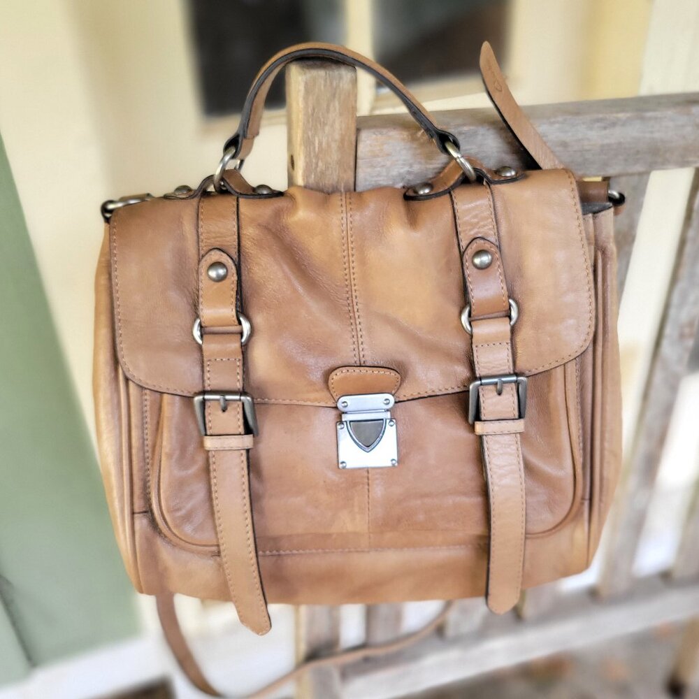 CLARKS Taupe Brown Leather Satchel Bag w/ Crossbody Strap
